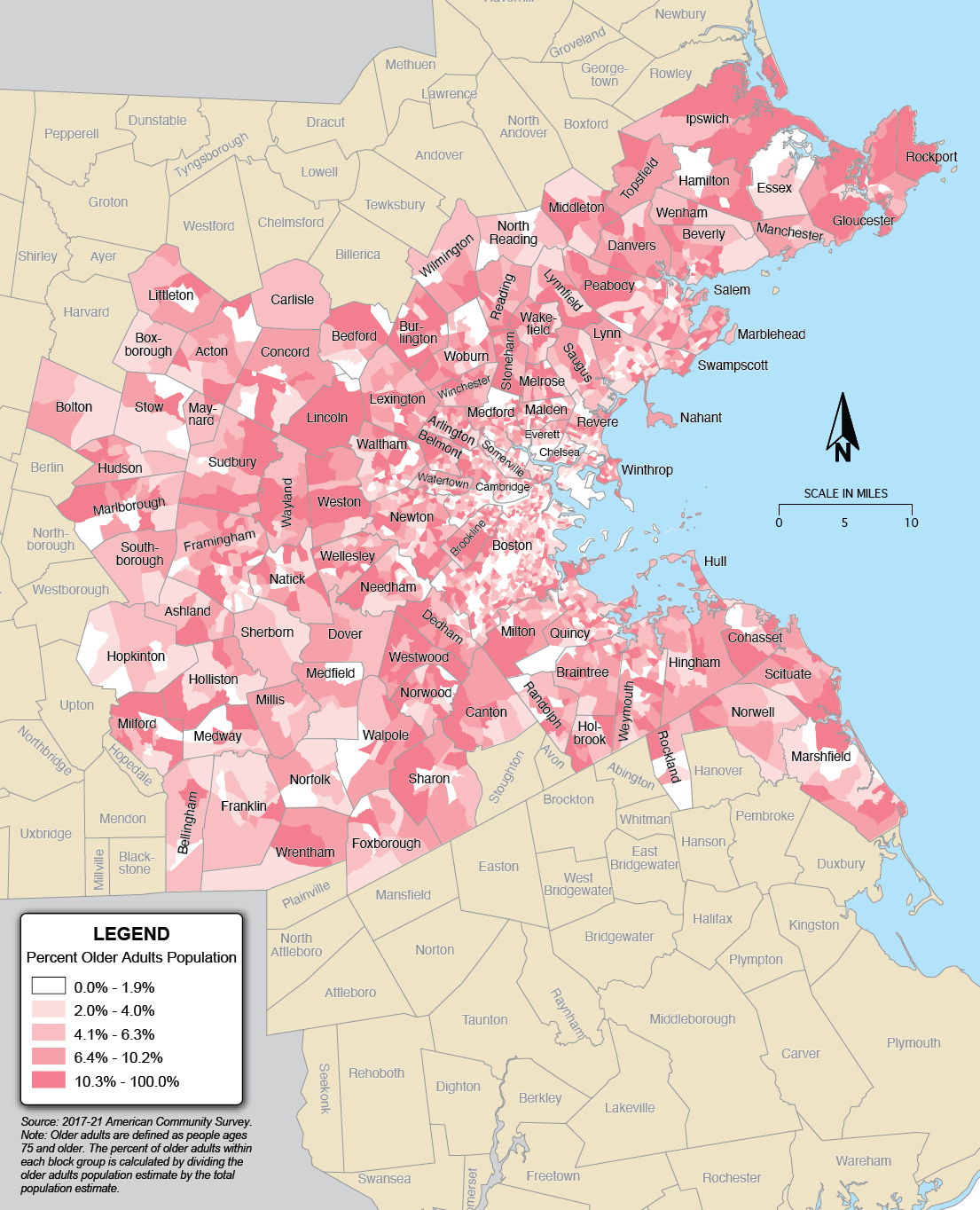 A map showing the percentage of older adults in the Boston Region.
